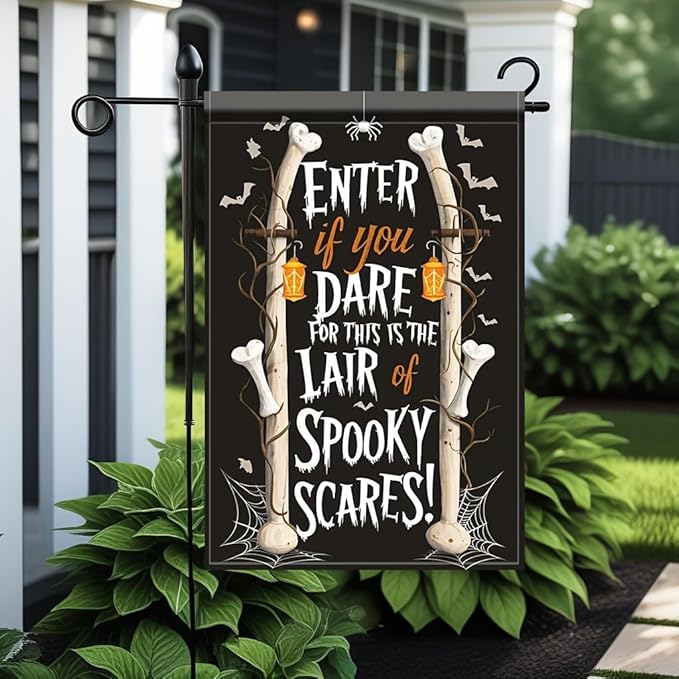 Saoplasa Halloween Garden Flag Enter lf You Dare Spooky Bones 12x18 Inch Double Sided OutdoorYard Banner for Haunted House Trick or Treat Skeleton Bone Spider Web Halloween DecorationDecor