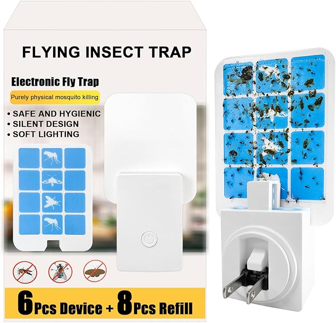 Plug in Indoor Fly Trap for Gnat Moth Houseflies Fruit Flies, Blue Light Bug Light Trap Compatible with Safer Home Indoor Fly Trap Refill, Mosquito Flying Insect Trap, 6 Device+8 Refill