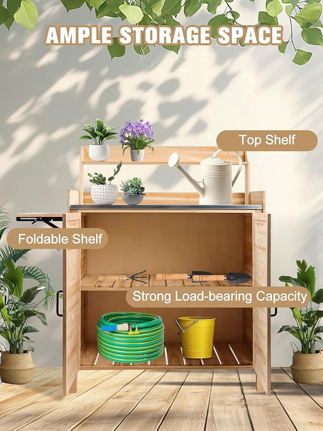 Kalolary Potting Bench for Outside Garden Potting Table with Storage Cabinet Foldable Shelf Multipurpose Garden Workstation Wooden Outdoor Potting Bench for Patio Garden Horticulture