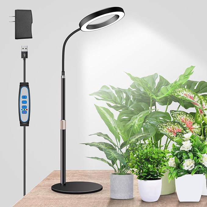 Garpsen Grow Lights for Indoor Plants, 80 LEDs Full Spectrum Desk Plant Light with Timer for 6H/12H/16H, 5 Dimmable Levels & Flexible Gooseneck 6000K Grow Lamp with Base, Height Adjustable 16.5-25"