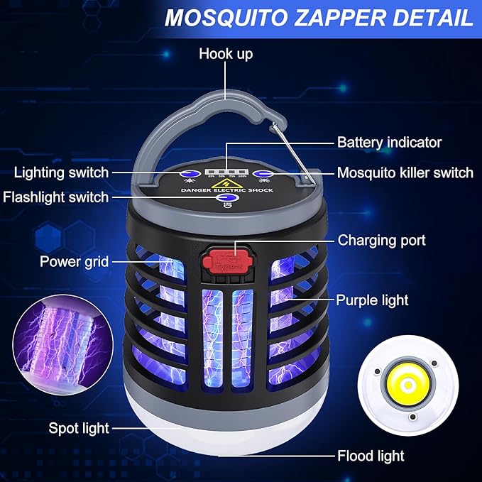 3 in 1 Indoor Bug Outdoor Mosquito Zappers, USB Rechargeable Mosquito Killer Portable Waterproof, LED Lantern Fly Zappers Camp Light SOS Emergency Light for Home, Backyard, Camping Patio (2 Pack)