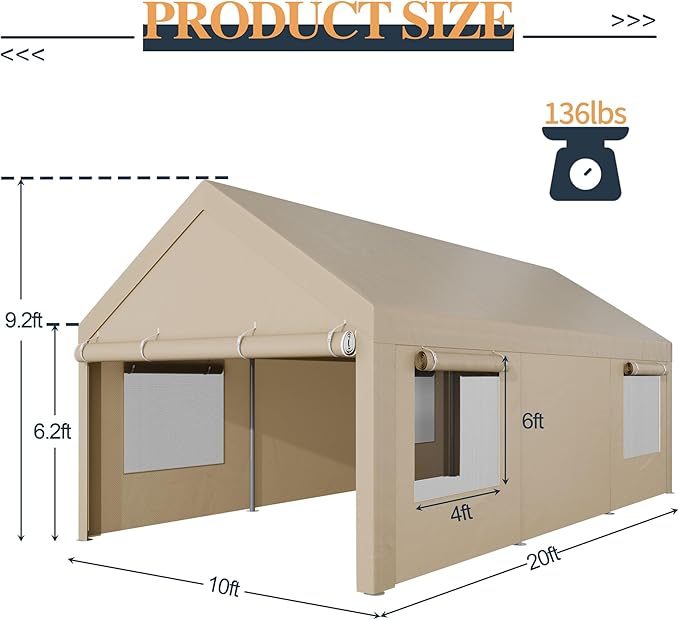 Shintenchi Portable Garage Canopy,10x20 FT Heavy-Duty Design Carport,Carport Canopy with Side-Opening Removable Door & Roll-Up Window,Portable Car Port for Car, Truck, Boat,Khaki