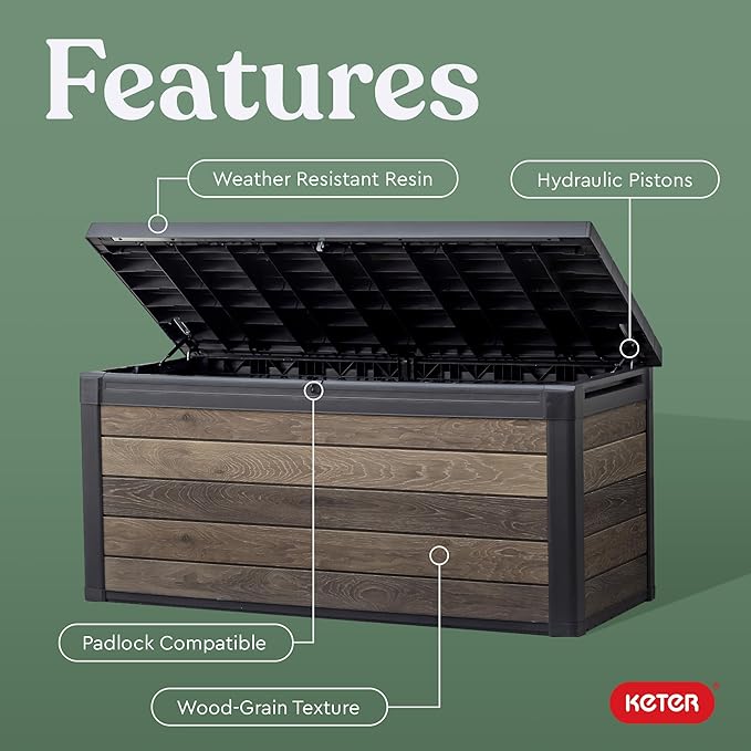 Keter Signature Collection 150 Gallon Resin Deck Box Organization and Storage Box for Patio Outdoor Cushions, Throw Pillows, Garden Tools and Pool Supplies, Walnut