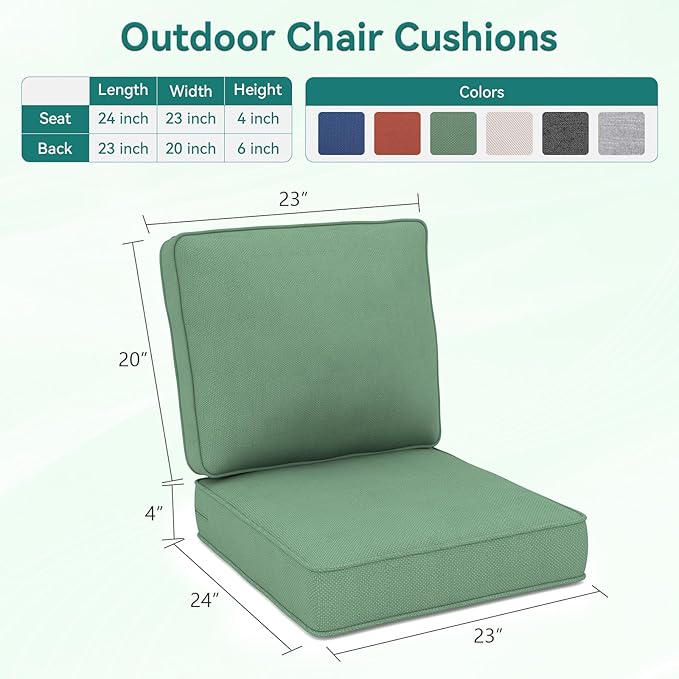 Outdoor Chair Cushions 23" x 24" x 4", Patio Deep Seat Replacement Cushions Set with Zippered Removable Cover, Weather-Resistant Olefin Fabric for Garden Chair Sofa Couch, Set of 3, Green