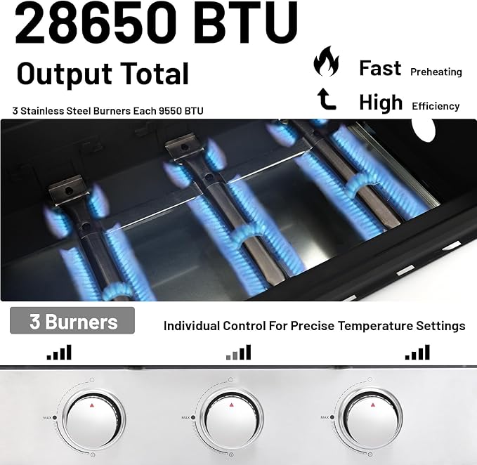 26 inch Tabletop Griddle with Ceramic Coated Cast Iron Plate, 3 Burners Flat Top pan, 28650 BTU Portable Propane Gas BBQ Grill Teppanyaki for Kitchen Outdoor Cooking Barbecue Camping (Griddle)