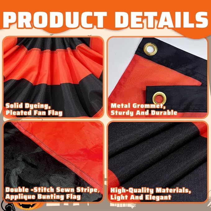 4Pack Halloween Bunting Flags 2x4ft Fully Sewn Orange & Black 5 Stripe Pleated Half Fan Flag Banner Trick or Treat Happy Halloween Party Decor Outside Porch Yard Garden Indoor Wall