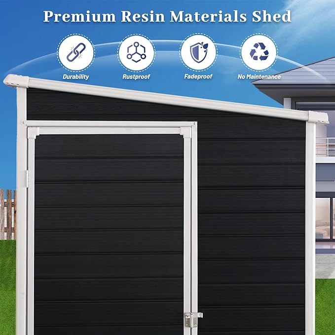 4x8 FT Lean to Shed, Resin Storage Sheds Outdoor with Floor, Plastic Sheds & Outdoor Storage Clearance with 2 Windows, Backyard Storage Sheds for Garden Tools, Bicycle, Gift for Dad