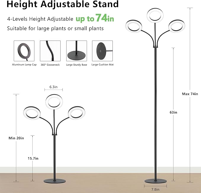 Grow Light for Indoor Plants, 3 Head Full Spectrum LED Tall Plant Lights with Timer, 3 Color Modes Standing Floor Growing Lamp, 74" Height Adjustable, 10 Dimmable Levels for Large Plants