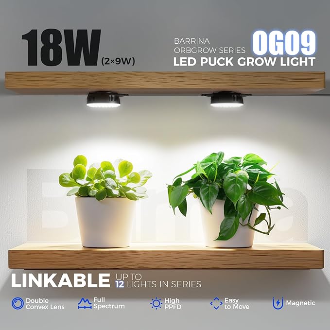 Barrina Orbgrow OG09 Puck LED Grow Light, 5000K 18W(2 x 9W, 270 Watt Equiv), Plant Lights for Indoor Plants Full Spectrum, Magnetic & Linkable, Small Grow lamp, Perfect for Plant Shelf, 2 Packs, Black
