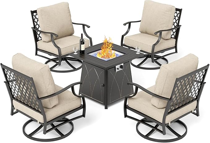 Patio Furniture Set with Firepit Table, 5 Piece Metal Outdoor Patio Furniture set for 4, 4 Swivel Chairs with 5.75" Extra Thick Cushion and Gas Firepit Table for Backyard Poolside Deck