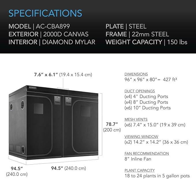 AC Infinity CLOUDLAB 899 Advance Grow Tent, 96"x96"x80" Thickest 1 in. Poles, Highest Density 2000D Diamond Mylar Canvas, 8x8 for Hydroponics Indoor Growing