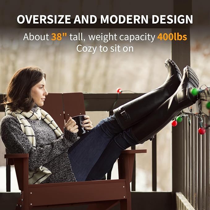 MXIMU Modern Adirondack Chair Weather Resistant with Cup Holder Oversized Fire Pit Chairs Adorondic Plastic Outdoor Chairs for Firepit Area Seating (Coffee)