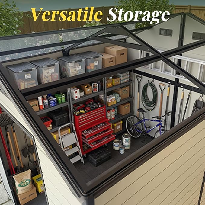 8x14 FT Resin Storage Sheds Outdoor with Floor Included, Plastic Sheds & Outdoor Storage Clearance with 2 Windows and Lockable Door, Backyard Storage Sheds for Garden Tools, Brown+White