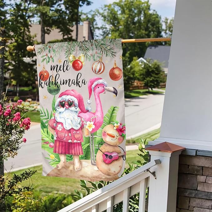 Santa Mele Kalikimaka Flamingo Christmas Hawaii Garden Flag Welcome Party Outdoor Outside Decorations Picks Home House Garden Yard Decor 12x18 Inch