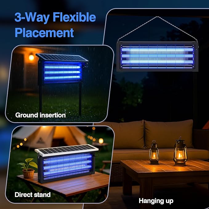 Solar Bug Zapper Outdoor, 30W Large Mosquito Zapper, Electric Mosquito Killer Outdoor, Waterproof & Portable Fly Killer, Rechargeable Flying Insect Trap for Patio, Yard, Garden, Home, Camping, Black
