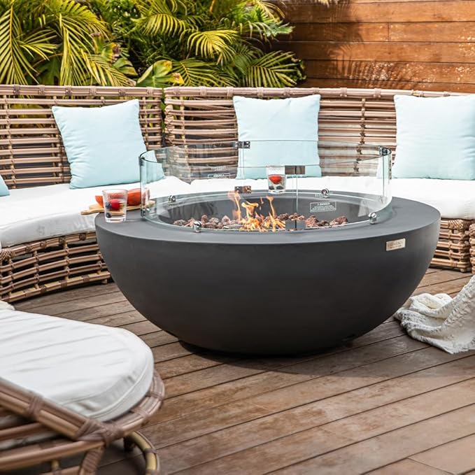 Elementi Lunar Bowl Dark Grey Fire Pit Bundle Outdoor Firepit Set Includes 42” Natural Gas Concrete Firepit, Glass Windscreen, Stainless Steel Cover, Canvas Cover, Floor Mat and Beverage Tub