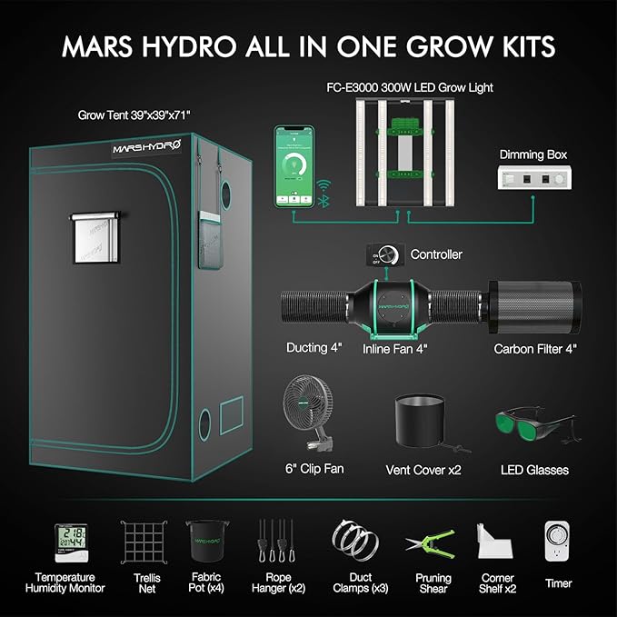 Mars Hydro 3x3 Smart Grow Tent Kit Complete System,FC-E3000 APP Control Dimmable 1184Pcs LED Grow Light,1680D High Reflective Mylar,with Smart WiFi Control Ventilation System,10 Speed Clip Fan