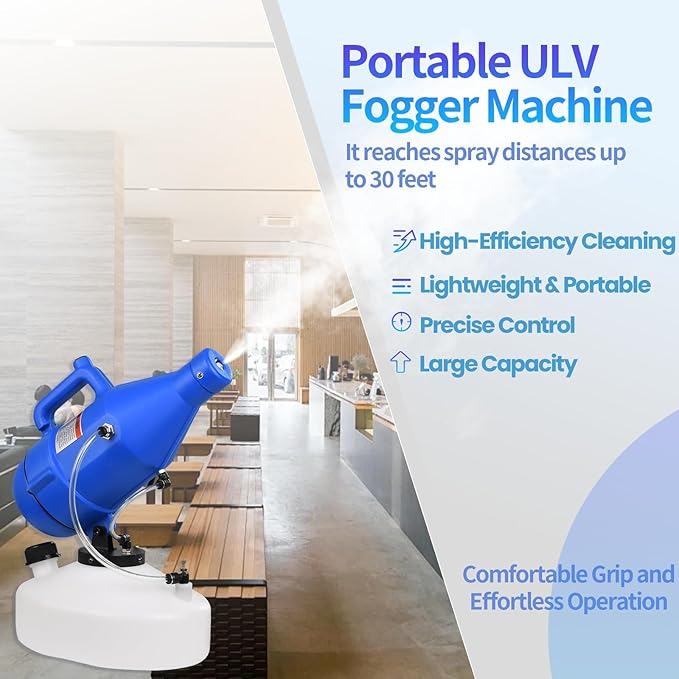 Portable ULV Fogger Machine with 4.5L Tank, Adjustable Spray Volume, 30ft Range, 16.4ft Cord, Cold Mist Disinfectant Sprayer, Lightweight Handheld for Hotel, School, Church, Yard
