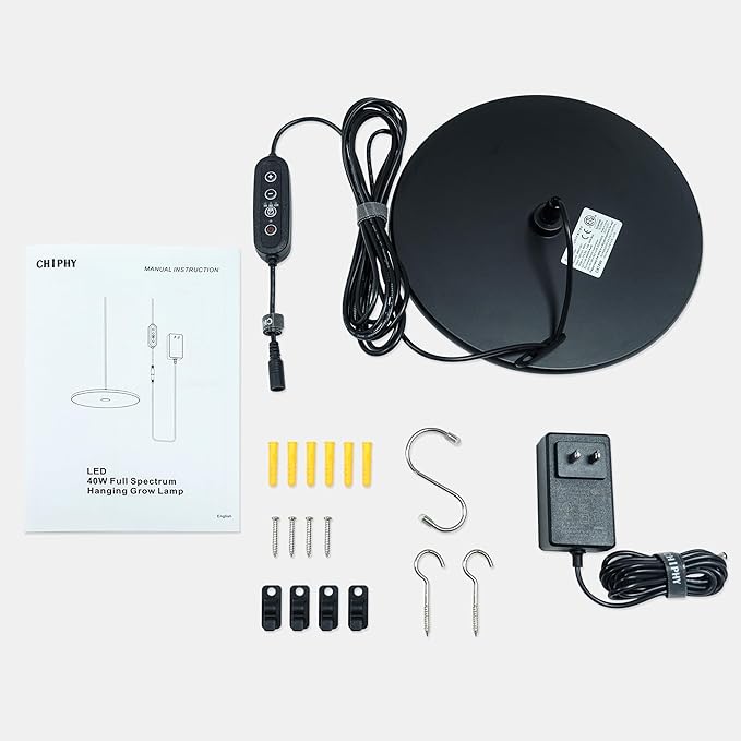 chiphy Hanging Grow Lights for Indoor Plants, 40W Full Spectrum with 3/9/12 Hours Timer, Pendant Plant Lights for Indoor Growing, Large Tall Plant, Garden, Flowers, Greenhouse,16.7FT Power Cord