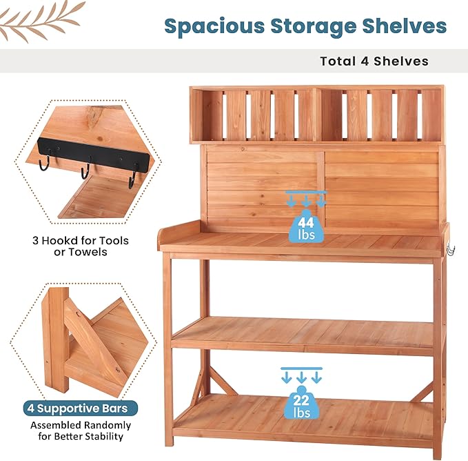 Harper & Bright Designs 65" Large Wooden Farmhouse Rustic Outdoor Potting Bench Table with 4 Storage Shelves and Side Hook, Patio Workstation, for Garden, Backyard, Natural