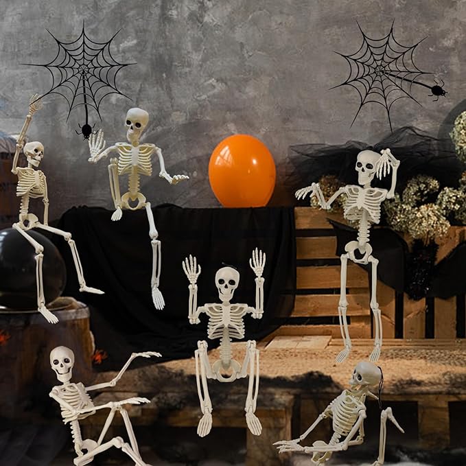 6PCS Halloween Skeleton Decorations Indoor Outdoor - 16" Full Skull Body with Movable Joint Skeleton for Halloween Indoor Outdoor Party Decor Spooky Scary Yard Lawn Garden Patio Haunted House