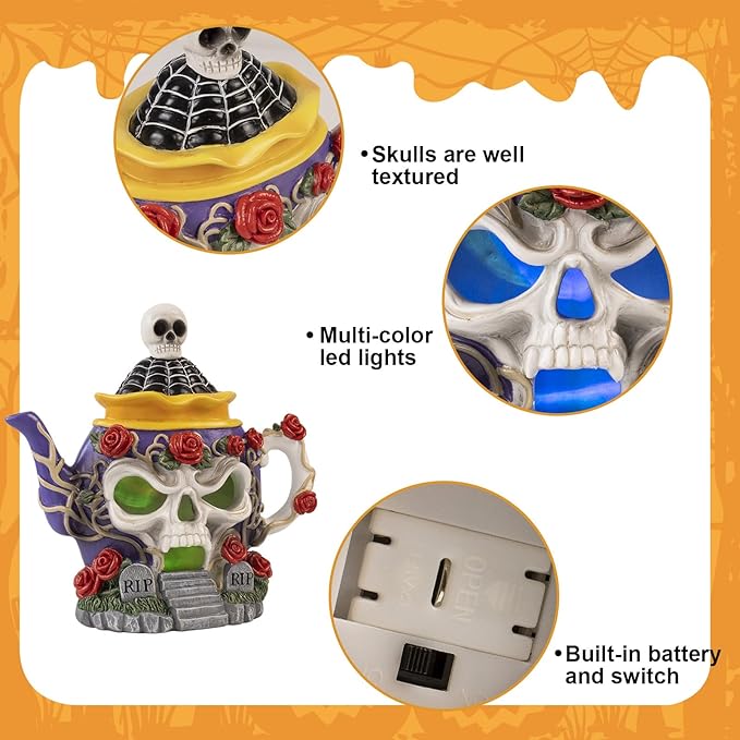 Light Up Halloween Haunted House Decor, 8.3"X 8.1" Resin Skull Head Decorative Teapot Figurine with Roses, Spooky Skeleton Miniature Village Indoor Outdoor Table Mantel Decorations for Home