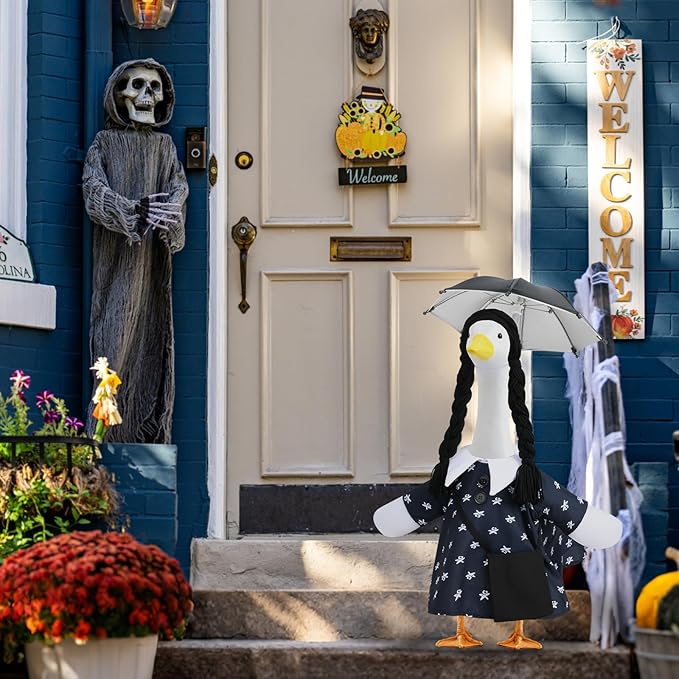 Halloween Porch Goose Outfits, Halloween Addams Black Dress Goose Outfits for 23” Porch Goose Statue, Outdoor Decoration for Porch Yard and Patio