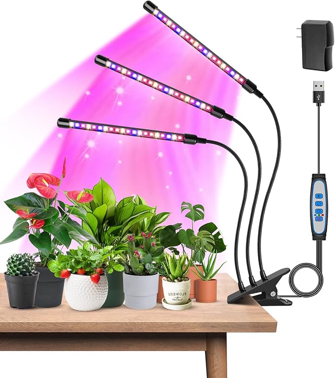 Garpsen Plant Lights, 3 Heads Red Blue Warm White Full Spectrum Grow Lights for Indoor Plants, 60 LEDs Led Grow Light for Seed Starting, with Auto ON/Off 6/12/16H Timer, 5 Dimmable Levels