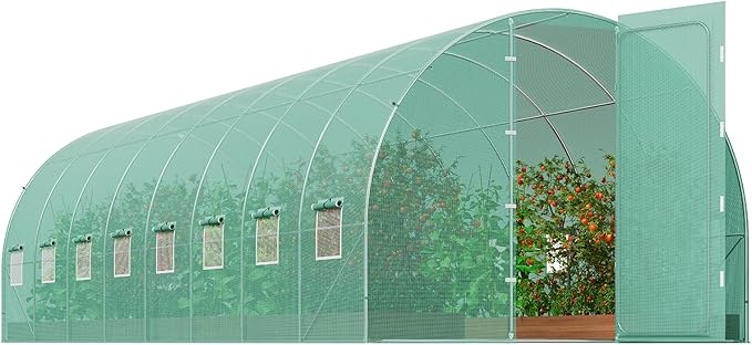 VEVOR Walk-in Tunnel Greenhouse, 27.4x9.5x7.4 ft Hoop House Greenhouse Tunnel, Plant Hot House with Galvanized Steel Frame, Green PE Cover, Swing Door and 16 Roll-up Windows for Outdoor