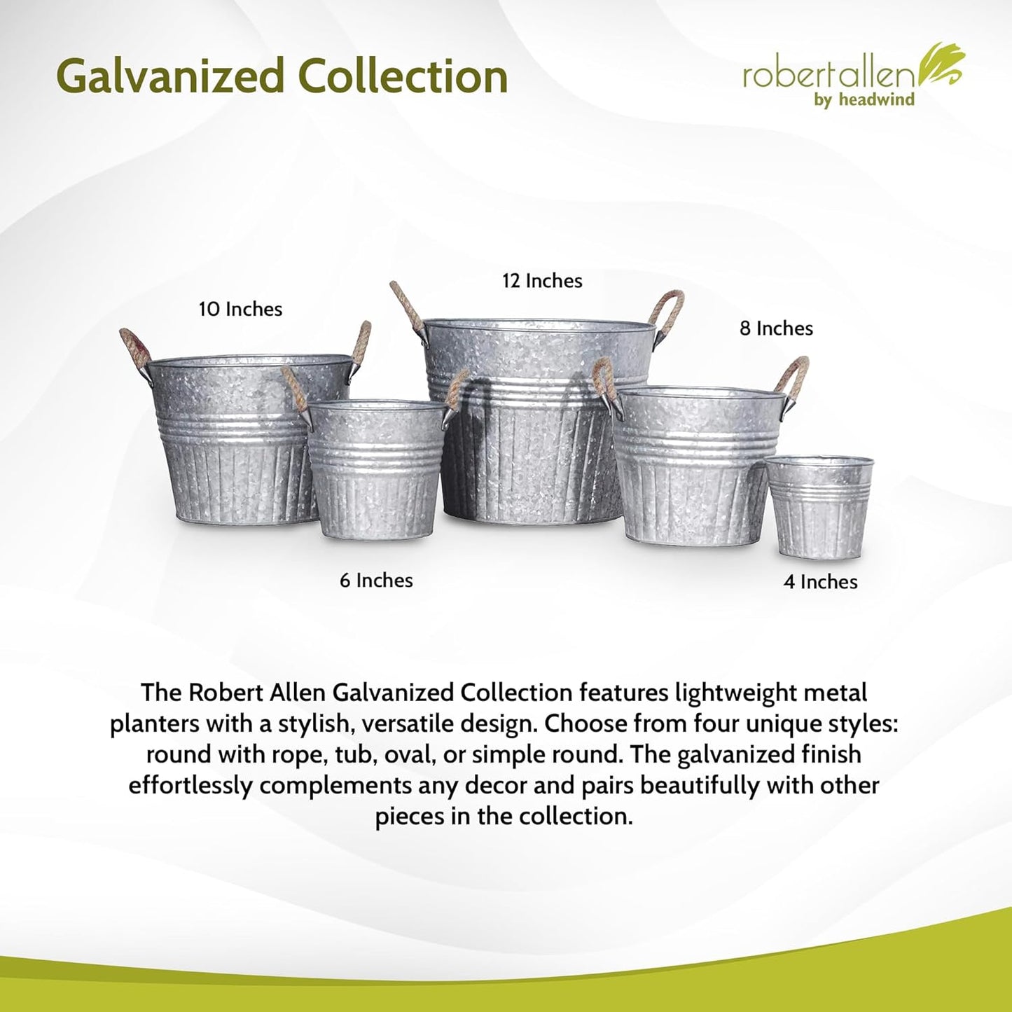 Headwind Round Galvanized Bucket w/Rope Handles – 6 Inch Metal Tub Bucket Planter for Outdoor Plants with Drainage Hole – Galvanized Large Outdoor Planters Buckets by Robert Allen