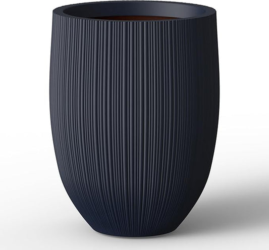 Kante Round Fluted Concrete Planter, 16.9-Inch Dia Barrel-Style Pot with Drainage Hole, Charcoal Finish with Warm Brown Interior, 13.7" Opening, for Indoor and Outdoor Use