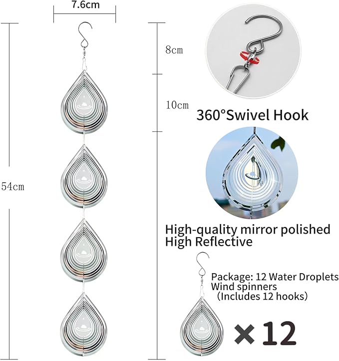 Water Droplets Bird Scare Discs Set-Highly Reflective Double-Sided Bird Reflectors, Extra Sparkly Metal Wind Spinner Outdoor Garden Decor, Decorations to Scare Away Yard Birds