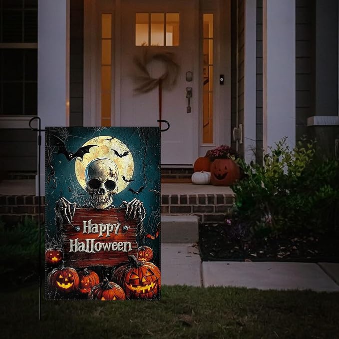 Halloween Garden Flag 12 x 18 Inch Double Sided Skeleton Pumpkin Designs Happy Halloween Fall Autumn Burlap Yard Flag for Outside Rustic Yard Outdoor Holiday Home Decoration