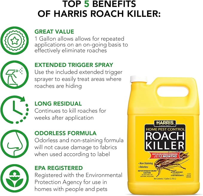 Harris Roach Killer, Liquid Spray with Odorless and Non-Staining 12-Month Extended Residual Kill Formula (Gallon)