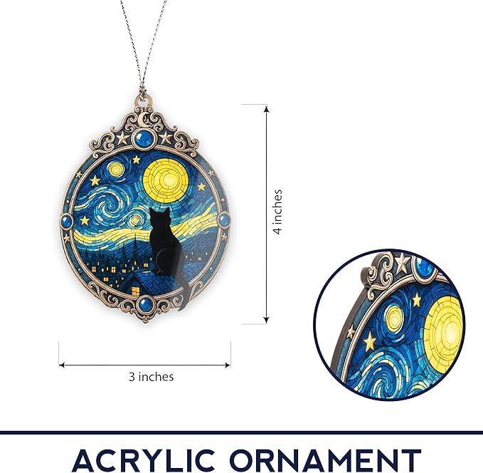 Black Cat Starry Night Ornament – black cat – christmas ornament – van gogh decor – cat gifts – Suncatcher effect window hanging – Car Hanging