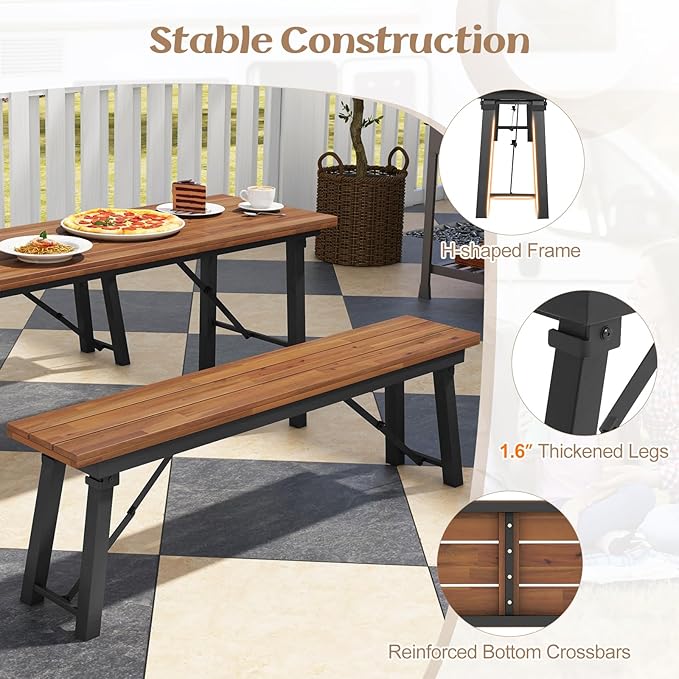 Tangkula Outdoor Dining Table With Benches for 4-6 Persons, No Assembly Foldable 59 Inches Narrow Patio Dining Table with Acacia Wood Top & Heavy Duty Metal Frame, for Yard, Garden, Poolside or Indoor