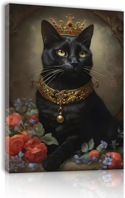 Jatinoo Gothic Halloween Decor - Black Cat Framed Canvas Art Print, Witchy Moody Wall Decor for Living Room, Goth Home Accessories, 11.5x15 Inch Vintage Style