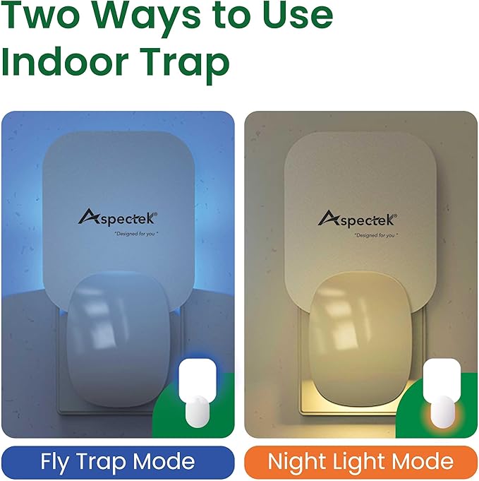 Aspectek Sticky Fly Insect Trap for Indoor, Plug-in Blue Light Bug Control with 12 Packs of Sticky Glue Pads, Night Light UV Attractant Catcher for Home,White (2 Pack)