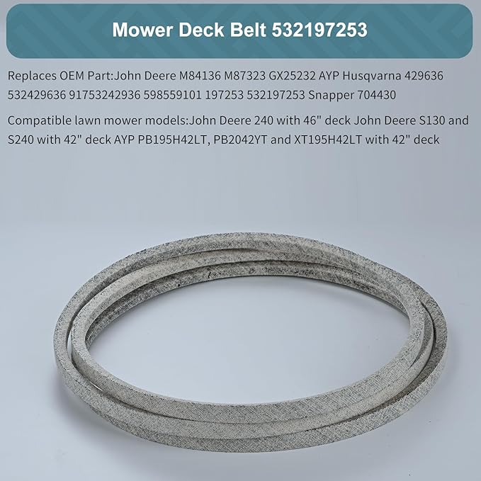 1/2 x 101'' Mower Belt 197253 / Kevlar Cord V-Belt for Husqvarna Craftsman Poulan AYP 429636 592855001 598559101 532429636, for John Deere M84136 M87323 GX25232, Snapper 704430 (197253)
