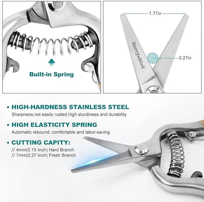 Berry&Bird Straight Pruning Shears with Stainless Steel Blades Garden Hand Pruner 8'' Scissors with Wooden Handle Clippers for Gardening Trimming Cutting Bonsai