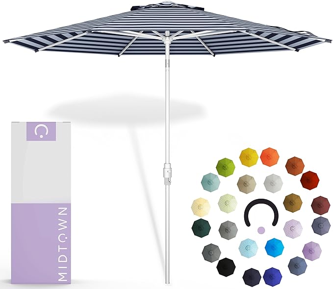 Midtown Umbrellas The Swilt 10 Feet Patio Umbrella in Terylast Navy Stripes (Navy/White) Polyester Fabric - Fiberglass Ribs, Auto-Tilt Aluminum Frame For Backyard, Deck, Garden, Pool - White Pole