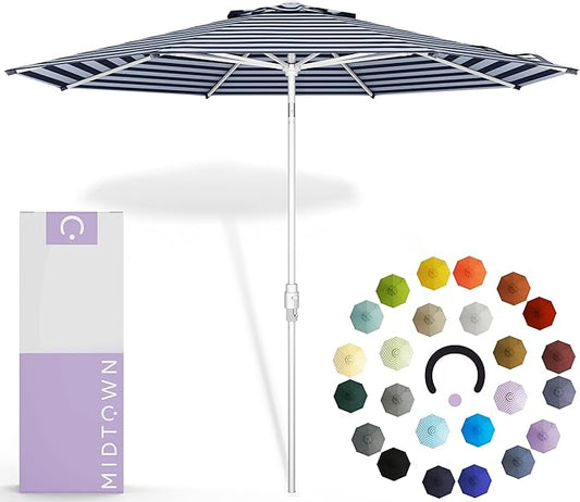 Midtown Umbrellas The Swilt 8 Feet Patio Umbrella in Terylast Navy Stripes (Navy/White) Polyester Fabric - Fiberglass Ribs, Auto-Tilt Aluminum Frame For Backyard, Deck, Garden, Pool - White Pole