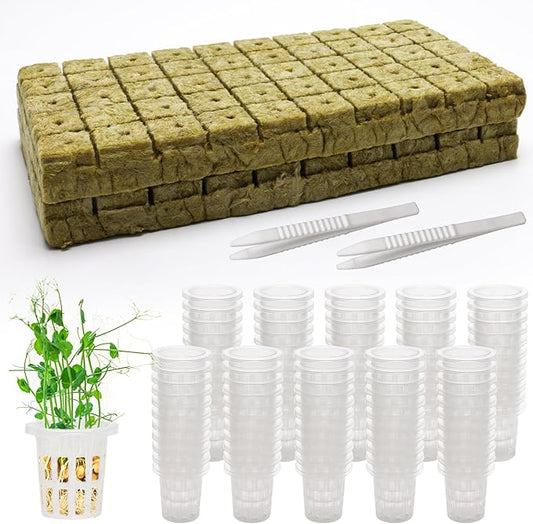Windspeed 202Pcs Rockwool Planting Cubes Set 1 Inch, 100P Rockwool Starter Plugs with 100P 1.5 in Hydroponics Net Cup 2 Tweezers Rockwool Cubes for Hydroponics Rooting,Starting Seeds,Clone Plants