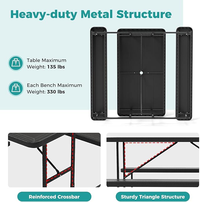 Giantex Picnic Table Bench Set for 4 People, 4.5FT Outdoor Rectangular Dining Table & 2 Benches w/Umbrella Hole, HDPE Tabletop, Metal Frame, Patio Garden Backyard Poolside (4.5FT,Non-Foldable,Black)