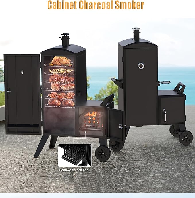 Vertical Cabinet Charcoal Smoker, Black Steel, BBQ Grill with Wheels, Temperature Gauge, Removable Ash Pan, 53x20x35 Inches