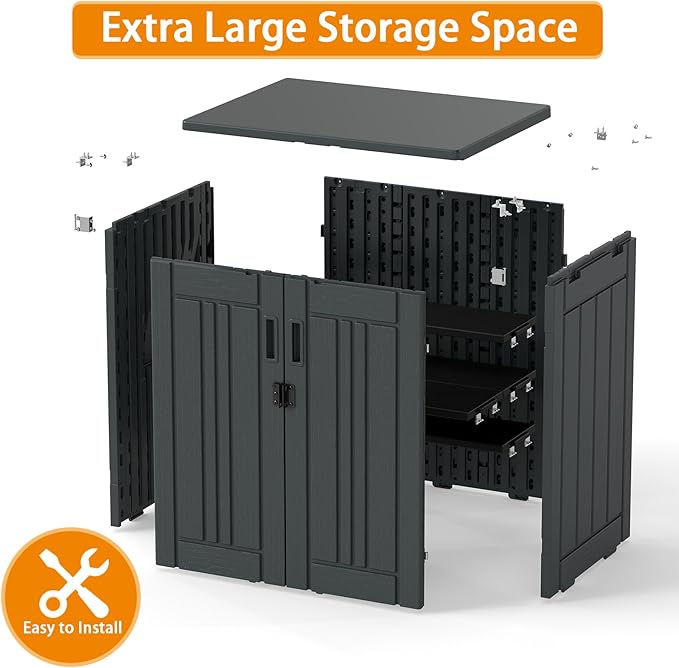 Outdoor Storage Cabinet with 2 Shelves, Waterproof Resin Horizontal Tool Shed, Lockable 15 cuft. Storage Shed for Patio, Garden, Yard, Grey