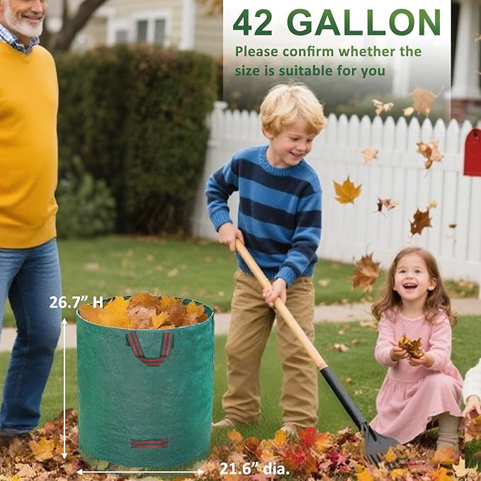 Hugeleaf Reusable Leaf Bags 42 Gallon with Reinforced Handles, 3 Pack Collapsible Lawn Bags with Plastic Hoops, Stand Up Yard Waste Bin for Leaves, Lawn Debris Collection