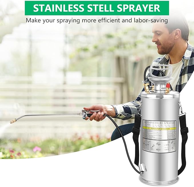 2 Gallon Stainless Steel Pump Sprayer - Hand Pump Sprayer with Pressure Gauge, Safety Valve&Adjustable Nozzle and Flat Nozzle, Garden Weed Sprayer with 20’’ Wand & 3FT Hose, Non-Corrosive Viton Seals