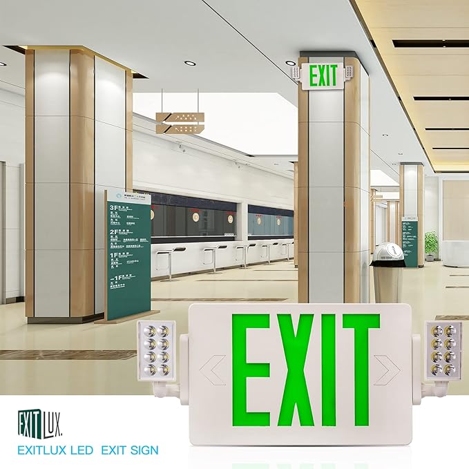 4 Pack Green Led EXIT Sign with Emergency Lighting with Battery Backup&Adjustable Two Head-US Standard-Hardwired-Exit Sign for Home Power Failure