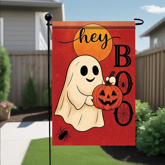Halloween Garden Flag Hey Boo Ghost Pumpkin Flag 12x18 Inch Double Sided Outdoor Yard Banner for Trick or Treat Haunted House Fall Halloween Decoration Decor